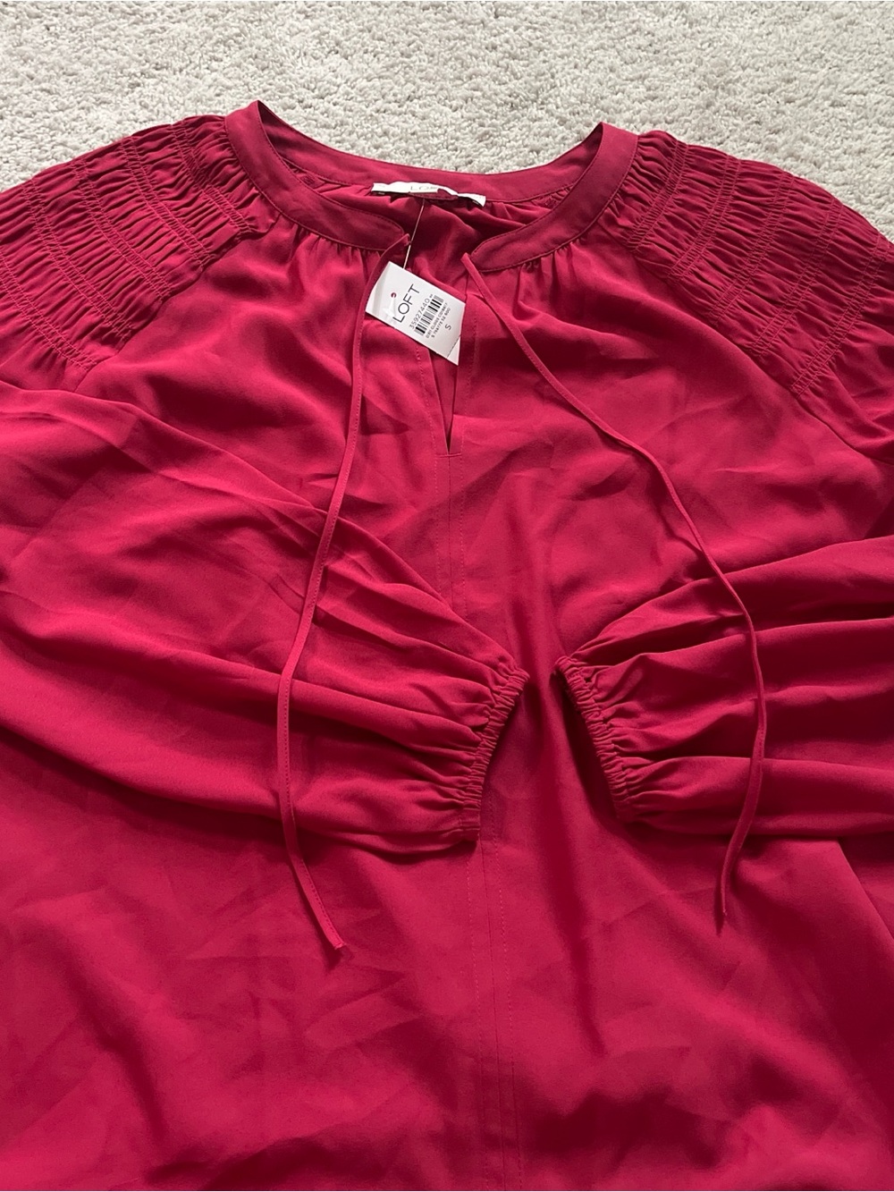 LOFT Fuchsia Smocked Yoke Tie-Front Blouse